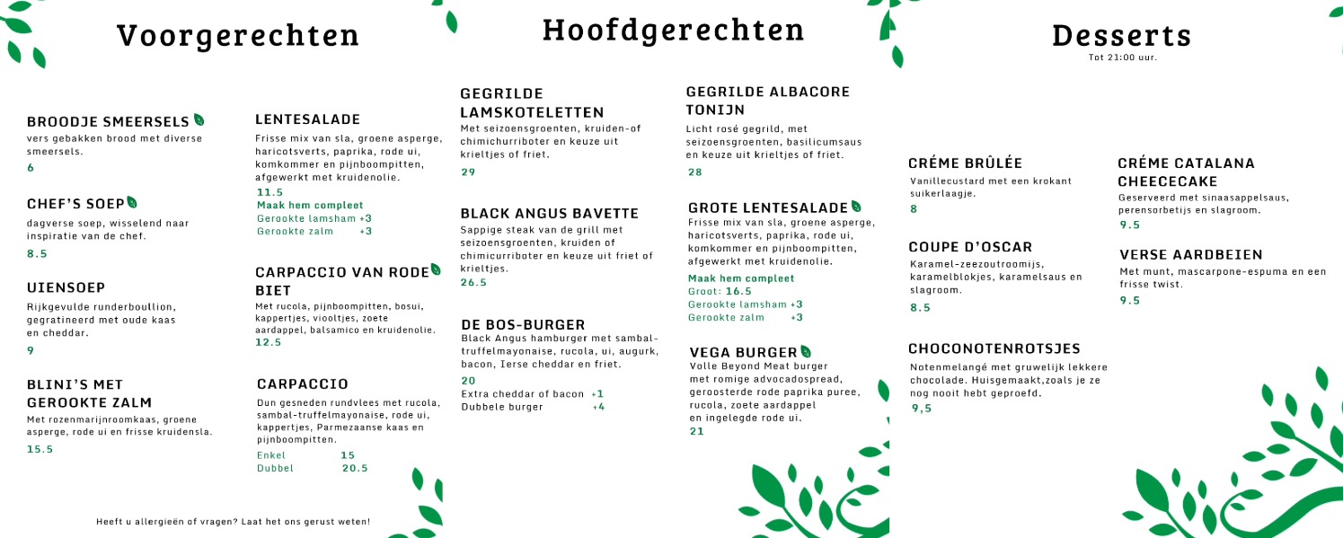 Restaurant Bos-Thuis dinerkaart voorjaar 2026 menu