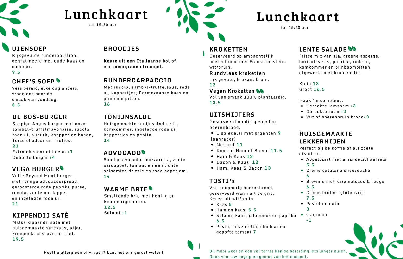 Restaurant Bos-Thuis lunchkaart voorjaar 2026 menu